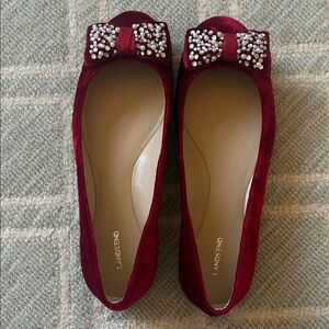 Lands' End Women's Wine Velvet Bow Flats with Crystal Embellishments